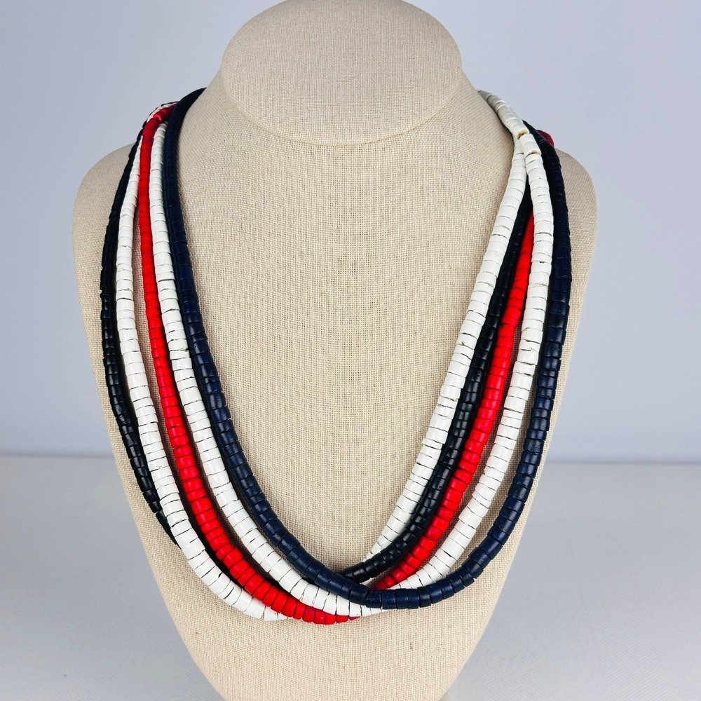 Bold‎ Vintage Red White Black Wood Bead Multi Strand Statement Necklace 24"